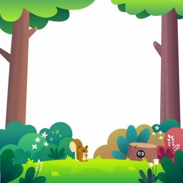 卡通大树森林和草地上的树桩小松鼠自然边框6995111矢量图片免抠素材