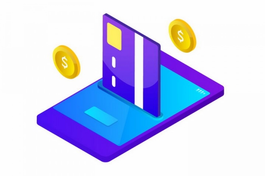 2.5D风格紫色的手机和银行卡与金币象征了移动支付png图片免抠矢量素材