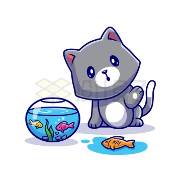 卡通猫咪从鱼缸中捞鱼小猫爱吃鱼9050497矢量图片免抠素材