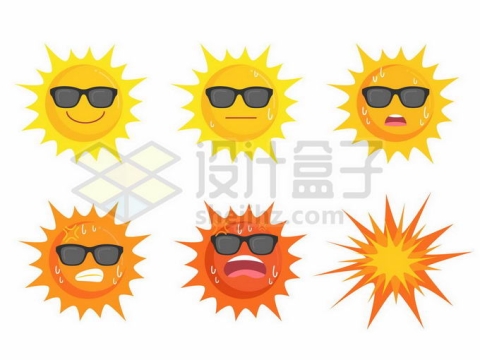 炎炎夏日里6种太阳光照强度流汗爆炸的卡通太阳6610870矢量图片免抠素材免费下载