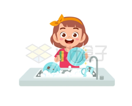 卡通小女孩正在洗碗做家务5957492矢量图片免抠素材