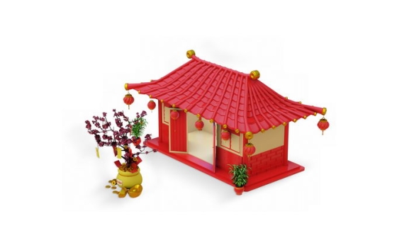 红色金色新年春节小房子3D建筑物5937390矢量图片免抠素材