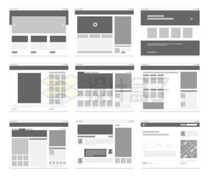 9款灰色的网站界面UI设计布局样式展示9218721矢量图片免抠素材