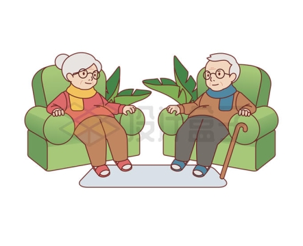 卡通爷爷奶奶姥爷姥姥坐在沙发上老年生活插画7680005矢量图片免抠素材