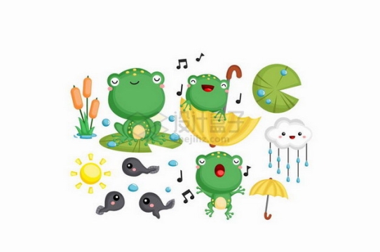 快乐的卡通小青蛙从小蝌蚪开始成长png图片素材
