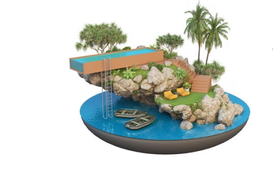 3D立体风格海边的游泳池游乐场水上世界旅游景点效果图1477434免抠图片素材