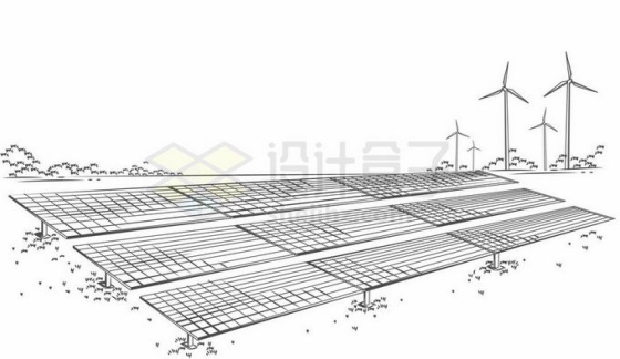 风力发电场和太阳能发电绿色清洁能源碳达峰手绘素描插画5120777矢量图片免抠素材