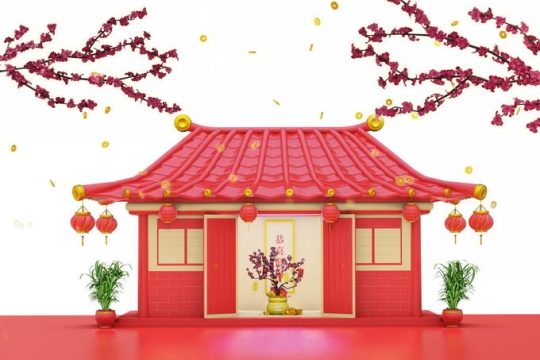 红色金色新年春节小房子3D建筑物3948510矢量图片免抠素材