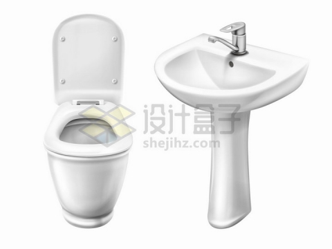 立体白色的抽水马桶和洗手池卫生间设施png图片免抠矢量素材