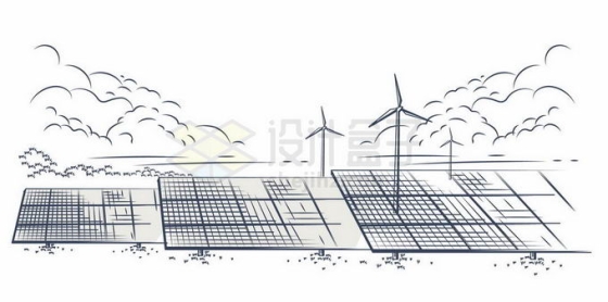 风力发电场和太阳能发电绿色清洁能源碳达峰手绘素描插画9576415矢量图片免抠素材