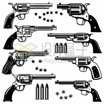8款黑色漫画风格的左轮手枪和子弹以及弹孔5867903矢量图片免抠素材