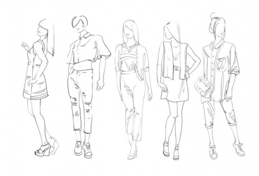 简约线条素描风格5个时尚职场女性女装时装设计草图图片免抠矢量素材
