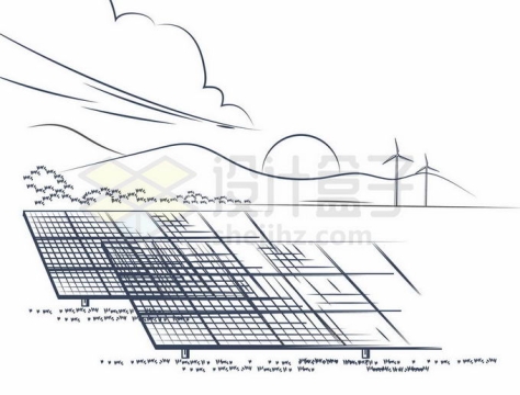 风力发电场和太阳能发电绿色清洁能源碳达峰手绘素描插画8357535矢量图片免抠素材