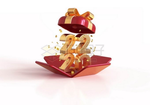打开的红色礼物盒中的金色金属光泽2022年数字3D字体8048617图片免抠素材