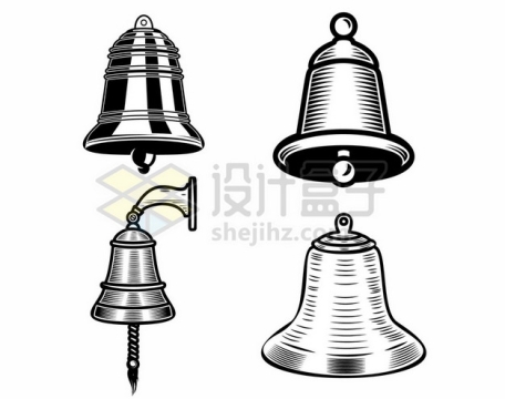 4款黑色漫画风格的小铃铛和寺庙中的大钟3710002矢量图片免抠素材