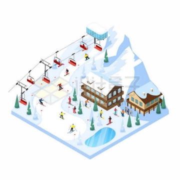 2.5D风格缆车和高山滑雪场冬天娱乐项目4963161矢量图片免抠素材