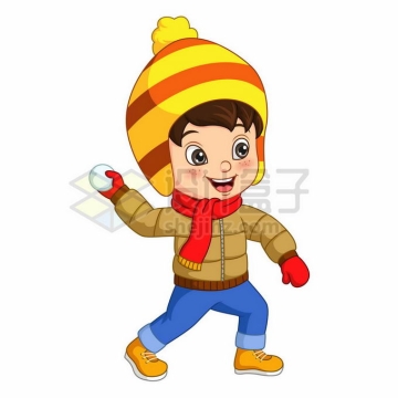 冬天穿着羽绒服的卡通小男孩快乐的打雪仗3129680矢量图片免抠素材