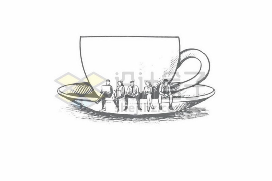 年轻人坐在咖啡杯上手绘线条插画4008741矢量图片免费下载