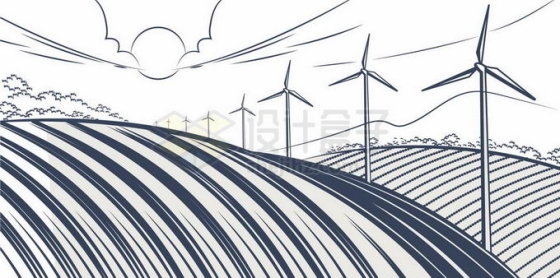 山坡上的风力发电场绿色清洁能源碳达峰手绘素描插画7978954矢量图片免抠素材