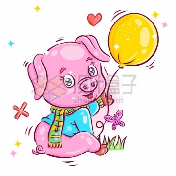 卡通粉红小猪拿着黄色气球2453554矢量图片免抠素材