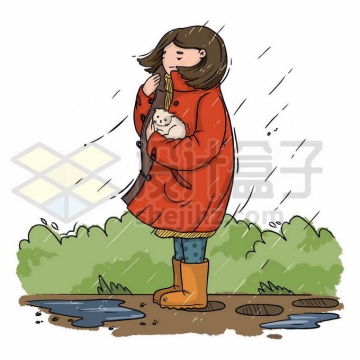 在风雨中被吹得瑟瑟发抖的红衣服女孩怀里抱着猫咪手绘插画2451802矢量图片免抠素材免费下载