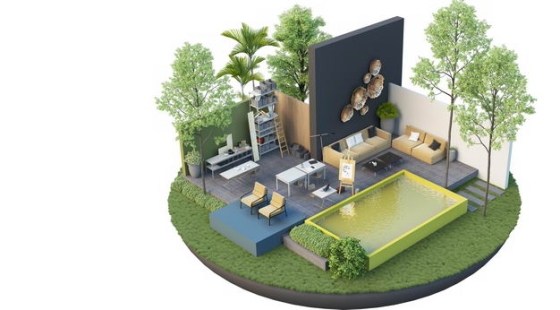 3D立体风格悬空岛豪华别墅内部结构和庭院泳池装修效果图9845106免抠图片素材