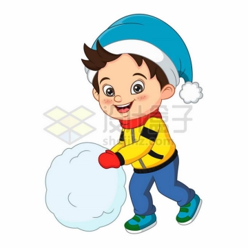 冬天穿着羽绒服的卡通小男孩快乐的推雪球5813118矢量图片免抠素材