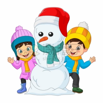 冬天穿着羽绒服的卡通男孩和女孩快乐的堆雪人3019320矢量图片免抠素材