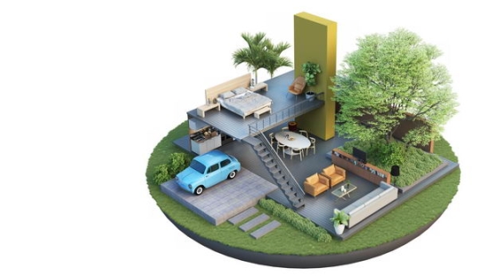 3D立体风格悬空岛多层豪华别墅内部结构和庭院装修效果图3403491免抠图片素材