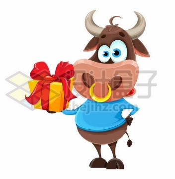 叉腰的卡通小牛手上的礼物盒牛年插画4340953png图片免抠素材
