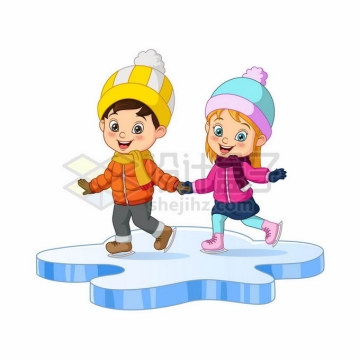 冬天穿着羽绒服的卡通男孩和女孩快乐的手牵手溜冰8298514矢量图片免抠素材
