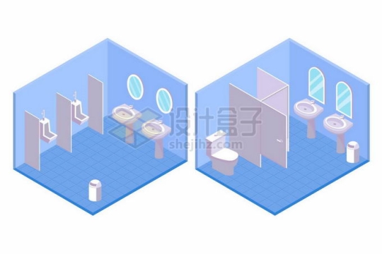 2.5D风格男厕所小便池洗手台和女厕所内部结构4132276矢量图片免抠素材