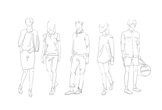 简约线条素描风格5个时尚休闲男装女装时装设计草图图片免抠矢量素材