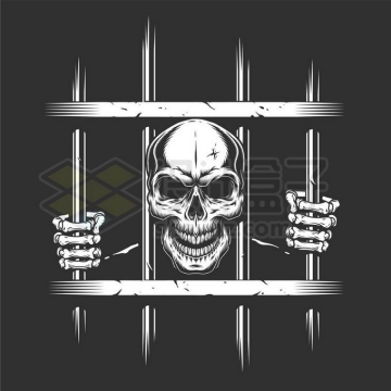 卡通骷髅头在监狱里头双手抓住铁栅栏黑白插画6304414矢量图片免抠素材免费下载