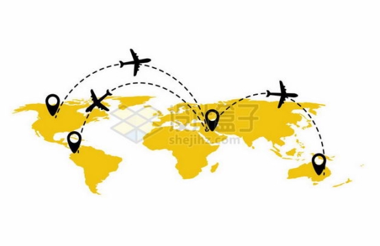 黄色世界地图上飞行的黑色飞机和路线图案环球旅行插画8150298矢量图片免抠素材