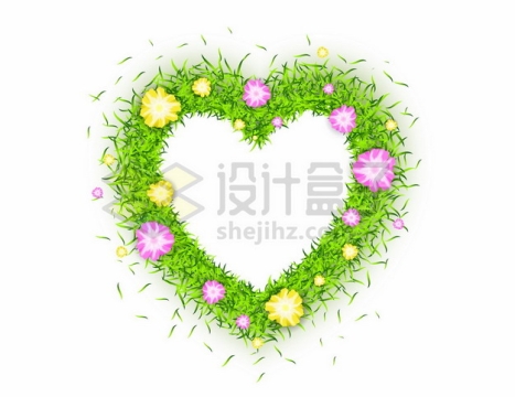 鲜艳的花朵和绿色的青草叶子组成的心形装饰7676763矢量图片免抠素材