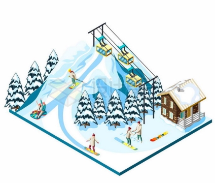 2.5D风格缆车和高山滑雪场冬天娱乐项目4223020矢量图片免抠素材