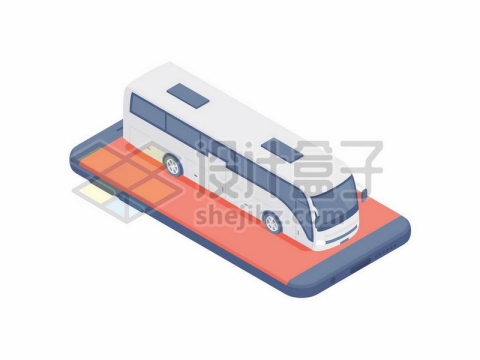 2.5D风格手机上的大客车大巴车象征了客运网上订车票APP4360021矢量图片免抠素材
