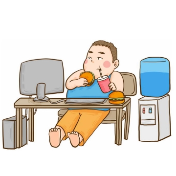 卡通小胖子宅男瘫坐在椅子上一边玩电脑一边吃垃圾食品和喝水插画6203364图片免抠素材免费下载