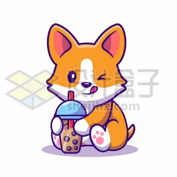 MBE风格喝珍珠奶茶的卡通日本柴犬7553888png图片免抠素材