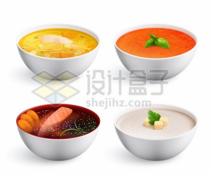 4碗鸡汤西红柿汤海鲜汤和小米粥美味美食7945496矢量图片免抠素材