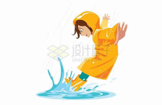 下雨天穿着黄色雨衣的卡通女孩踩水玩儿8638401矢量图片免抠素材