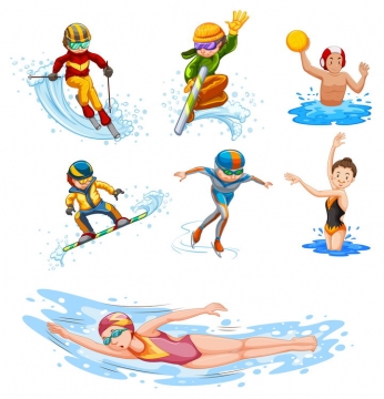 冲浪滑雪游泳等卡通运动员图片免抠矢量素材