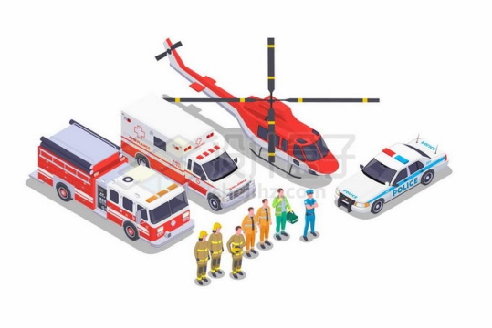 2.5D风格救援直升机救护车消防车警车和消防员等救援人员9568900矢量图片免抠素材免费下载