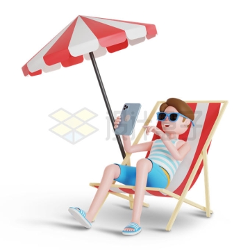 3D风格卡通男人躺在沙滩椅上玩手机3348601PSD免抠图片素材