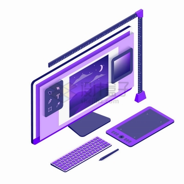 2.5D风格紫色电脑显示器键盘和画图板png图片免抠矢量素材
