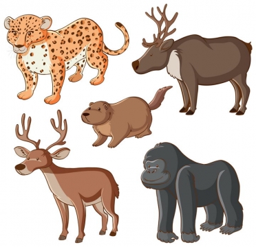 卡通花豹麋鹿河狸和大猩猩等野生动物图片免抠矢量图素材