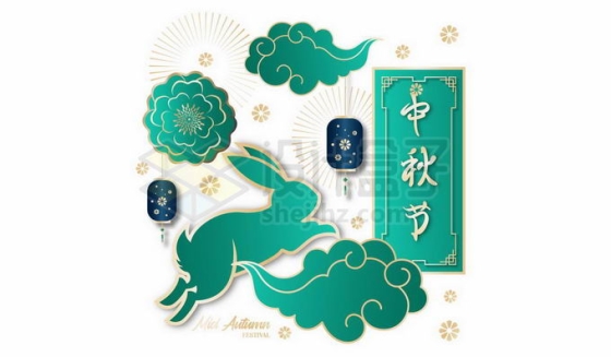 绿色国潮风格中秋节标题祥云和玉兔1295130向量图片素材