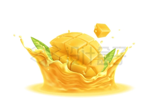 掉落到黄色果汁中的芒果美味水果广告设计效果6038449矢量图片免抠素材