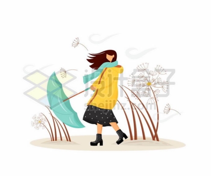 大风天里撑不住雨伞的女孩手绘插画9289146矢量图片免抠素材免费下载